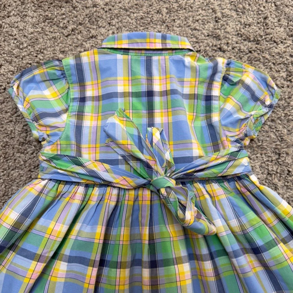 Excellent Ralph Lauren Plaid Ruffle Shirt Dress Tie Waist Pastel Girls Size 24M